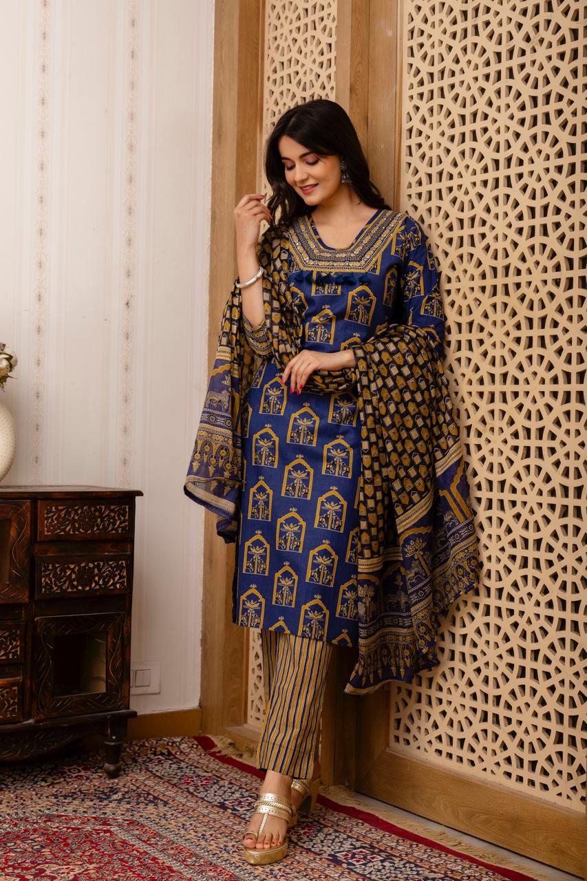 Womens Block Printed Anarkali Kurta With Pant & Dupatta