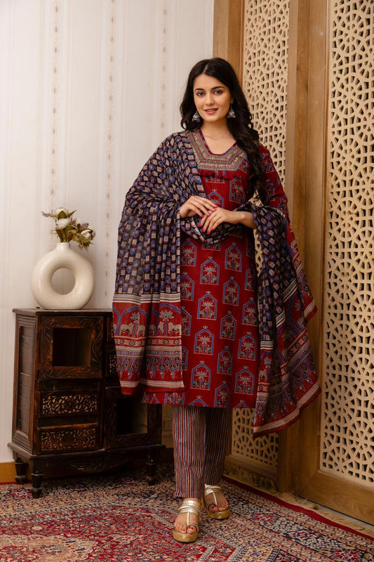 Womens Block Printed Anarkali Kurta With Pant & Dupatta Red Colour
