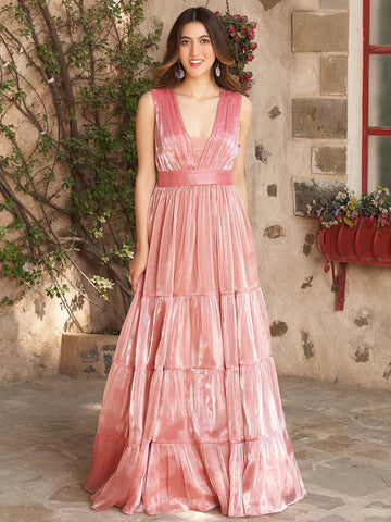 Baby Pink Sleeveless Four Frill Anarkali Gown