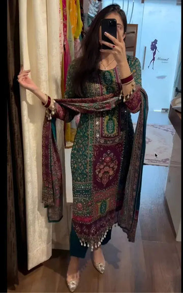 Luxury Print With Mirror Work Suit Set With Dupatta