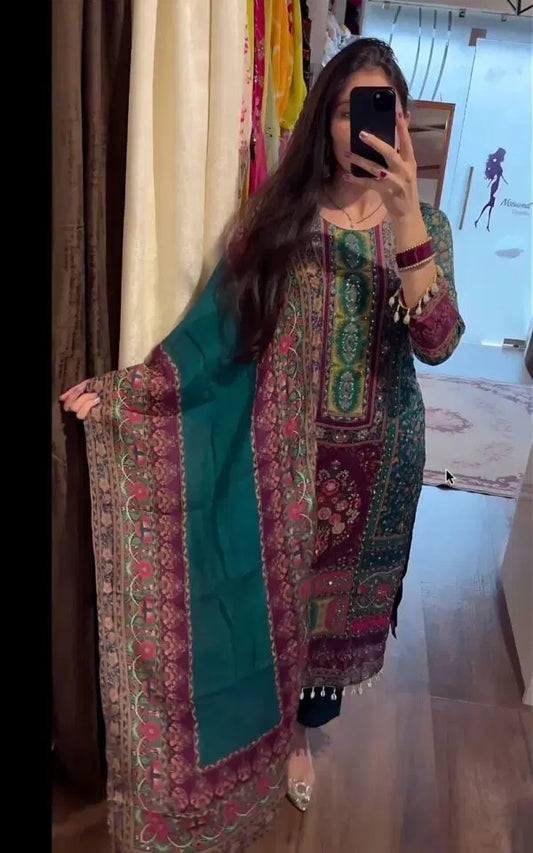 Luxury Print With Mirror Work Suit Set With Dupatta