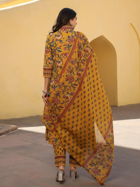 Cotton mustard yellow floral print kurti set