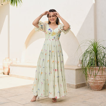 backless Anarkali Printed Gown