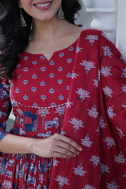 Premium Readymade Kurti With Pant & Dupatta Set Red Colour